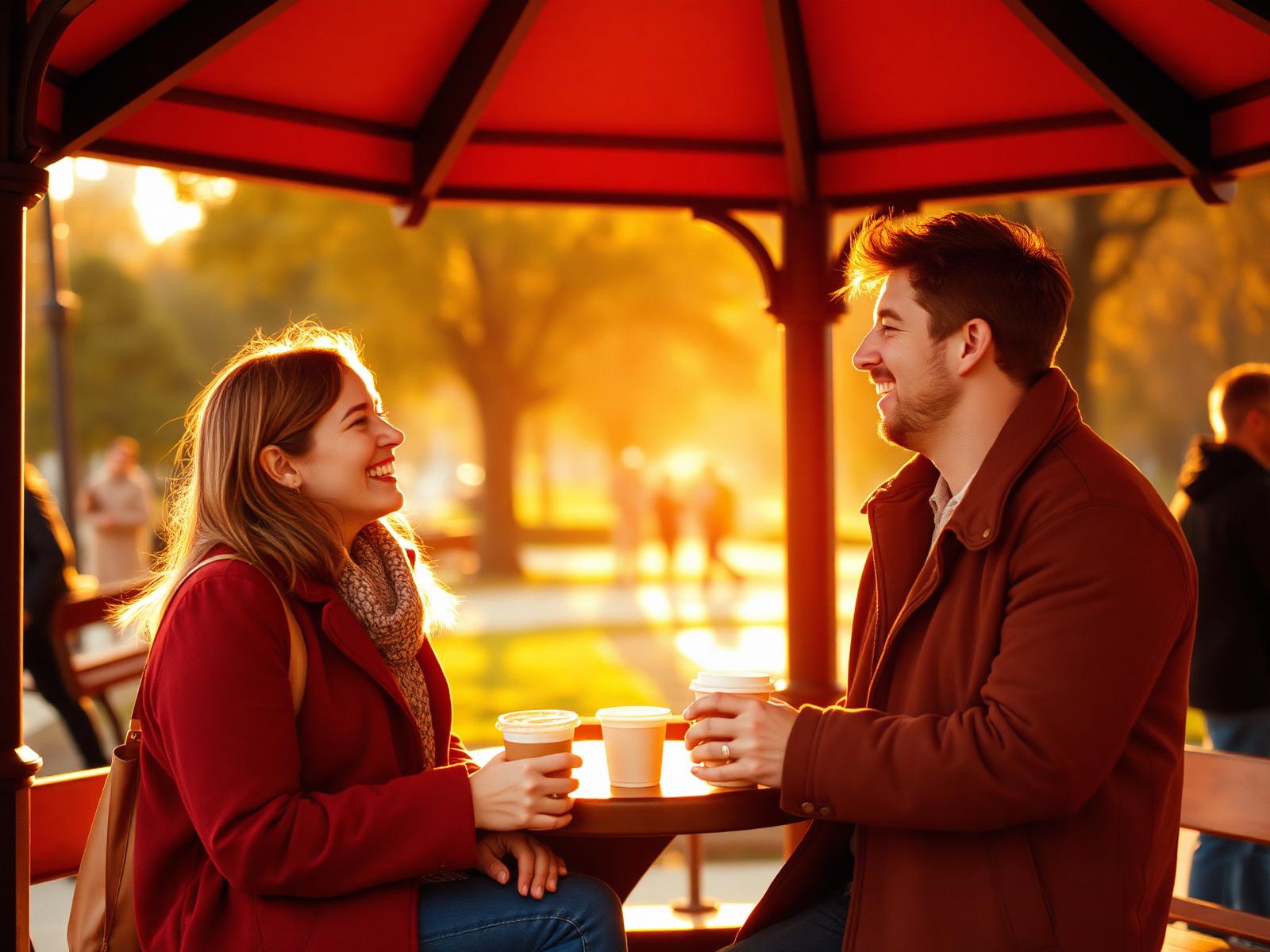 Twee mensen lachen samen bij een koffiekiosk in het park